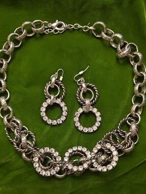 Silver-Tone Crystal Circle 16+2" Necklace & Earrings Set